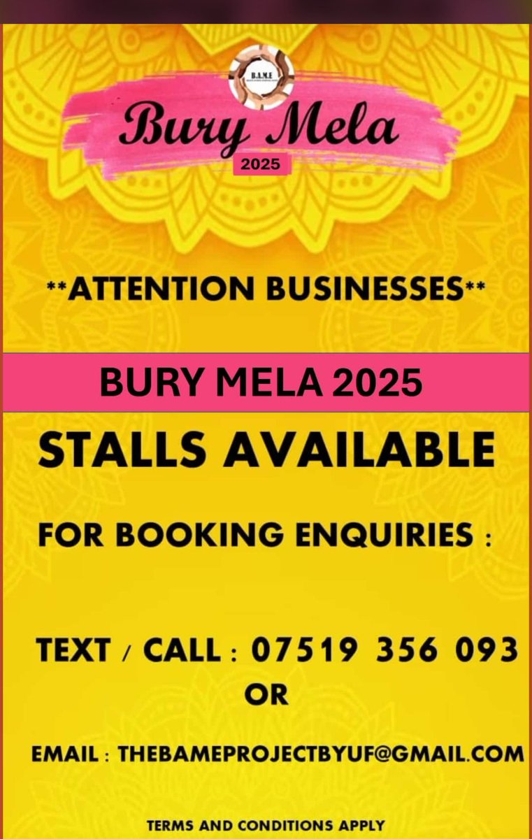 We still have availability for stalls at Bury Mela. 
Why not promote your business, sell items or food.
Get in touch now!
Bury Mela 9.8.25
@burycouncil
<a href="/GrowingRad/">Tina Harrison</a> <a href="/themet/">The Met</a> <a href="/derbyhighbury/">The Derby High, Bury</a> <a href="/Burybusinessgrp/">Bury Business Group</a> <a href="/DiscoverBury/">Discover Bury</a> <a href="/burylgbt/">Bury LGBT</a> <a href="/BuryVCFA/">BuryVCFA</a> <a href="/buryfcofficial/">Bury Football Club</a> <a href="/Village_Hotels/">Village Hotels</a>