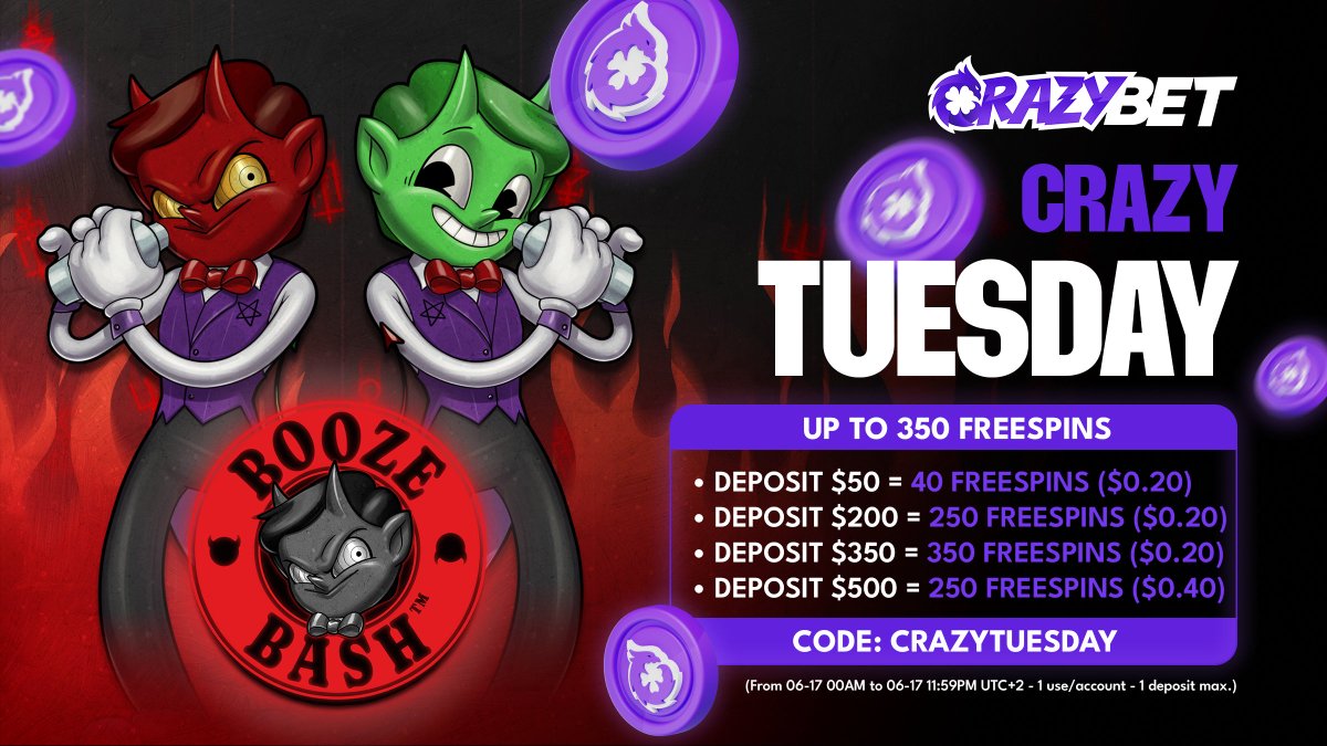 crazybet's tweet photo. Claim up to 350 free spins on the brand new game Booze Bash from Hacksaw Gaming - today only 🍺

Wanna win 25 no deposit free spins ⤵️

✅ Like & Share the post
✅  Tag some Crazy friends

Drop your CrazyBet username in the comments 👇

If you want some guaranteed free spins then make a qualifying deposit, wager deposit once & head over to our live support with todays code to start spinning!

🎰 Todays Game: Booze Bash @hackswgaming

🔗  https://t.co/5YRsks2UHp

🔥🔥 No wagering on free spin winnings 🔥🔥

T&C apply. Gamble responsibly.