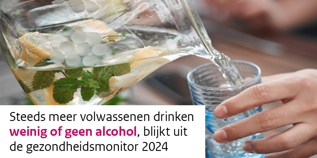 Steeds meer volwassenen drinken weinig of geen #alcohol. 🍷 In 2024 dronk 45% niet of max. 1 glas  per dag, in 2012 was dat 38%. Dat blijkt uit de #Gezondheidsmonitor 2024 i.s.m. RIVM, de GGD’en, GGD GHOR Nederland en <a href="/statistiekcbs/">CBS</a>. 

➡️ Meer weten: rivm.nl/nieuws/steeds-…