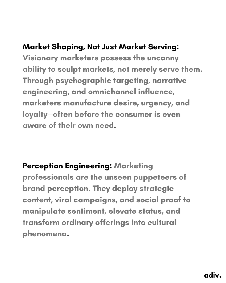 ADIVhq's tweet photo. Marketing is the unbounded architect of perception, the clandestine manipulator of latent demand, and the principal catalyst for exponential enterprise ascendancy. https://t.co/a0B8Tih4sE