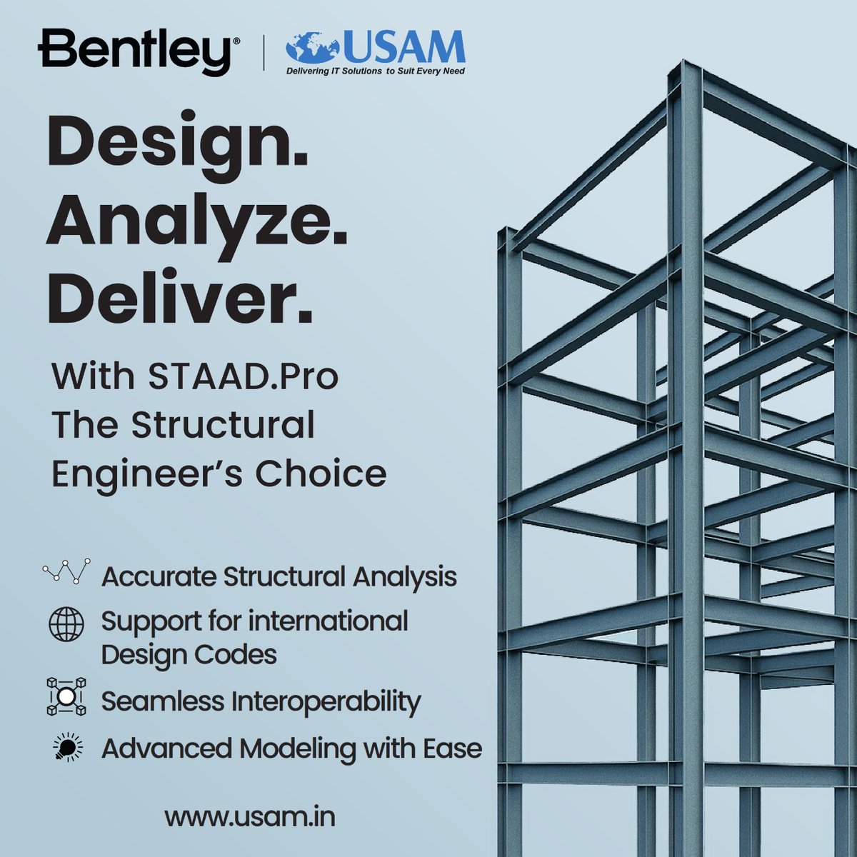 UsamTech's tweet image. Looking for a structural design tool that does it all?

STAAD.Pro delivers powerful analysis, international code support, and seamless modeling for structural engineers who demand precision.

#STAADPro  #USAM #DesignWithConfidence #BentleySystems