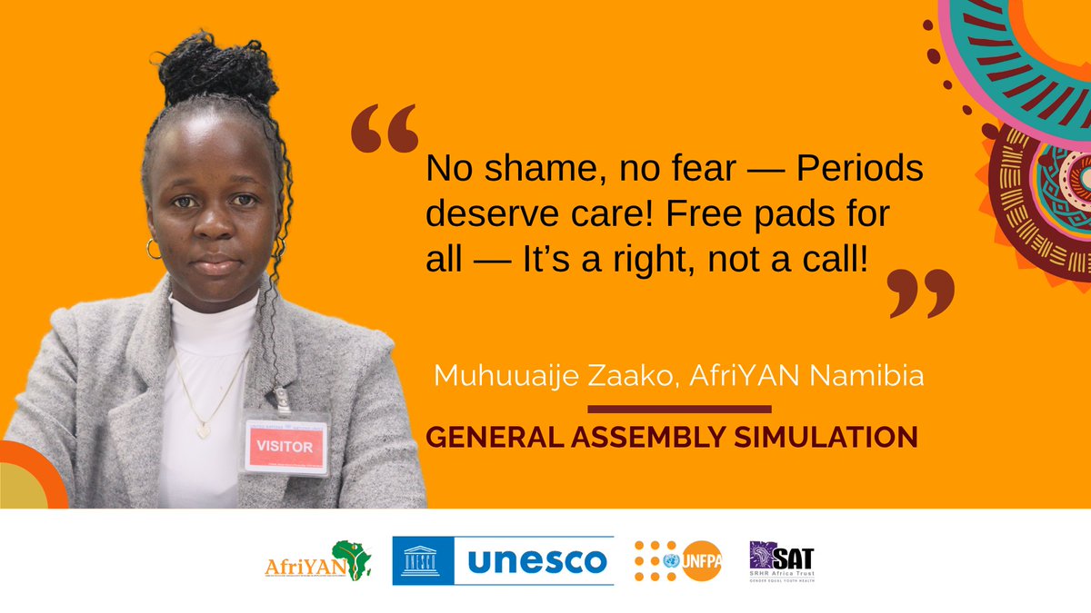 UNFPA Namibia (@unfpa_namibia) on Twitter photo "No shame, no fear — Periods deserve care! Free pads for all — It’s a right, not a call!" — Muhuaije Zaako, <a href="/AfriYANNamibia/">AfriYAN Namibia</a>
#InternationalDayoftheAfricanChild2025 #GeneralAssemblySimulation #ESACommitment "No shame, no fear — Periods deserve care! Free pads for all — It’s a right, not a call!" — Muhuaije Zaako, <a href="/AfriYANNamibia/">AfriYAN Namibia</a>
#InternationalDayoftheAfricanChild2025 #GeneralAssemblySimulation #ESACommitment