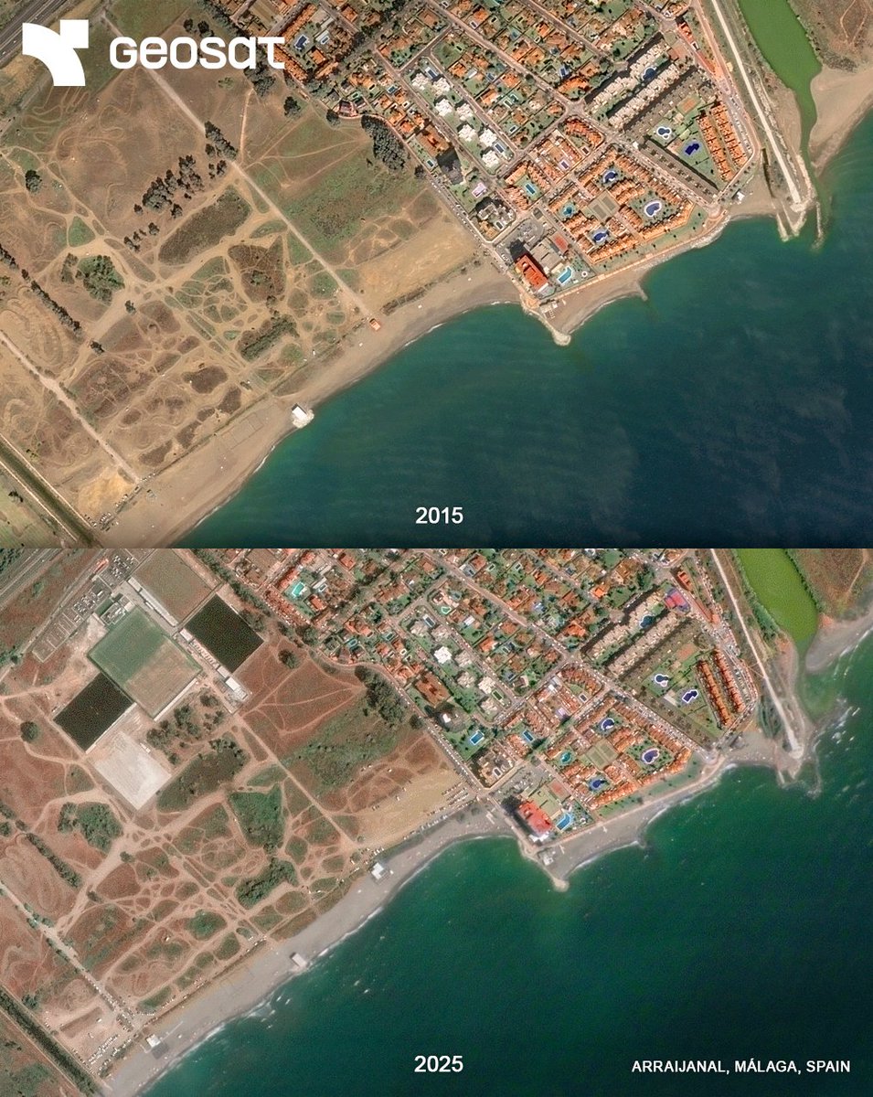 geosat_sat's tweet image. 🌊 Coastal retreat in Arraijanal (Málaga) has reached up to 45 m, per Spain’s Ministry for Ecological Transition.
Sand loss since 2018 is linked to storms, urban growth, and sediment disruption.
Our VHR imagery can help track coastal change over time to guide informed action