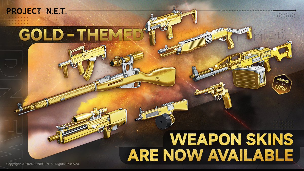 SEAPROJECTNET's tweet image. [Weapon Skin]
The GOLD-THEMED Weapon Skins are now available!
A vow of gold, a name of desire.

&amp;gt;&amp;gt; Download Project NET for Core Breach Test now!
hecategames.onelink.me/rTTh/kvp1

&amp;gt;&amp;gt; Pre-Register: sea.hecategames.com
▼Core Breach Test Period▼
2025/06/12 18:00 - 2025/06/20 18:00…