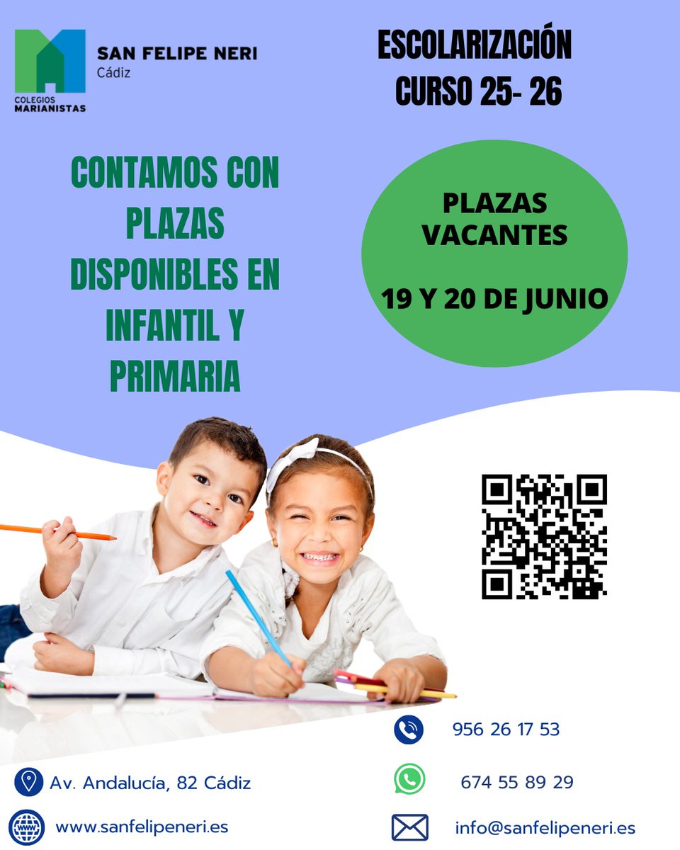 Desde el colegio SAN FELIPE NERI queremos recordar que los próximos días 19 y 20 de junio son los días habilitados para matricular al alumnado que solicite cambiar de centro para el curso que viene. En nuestro centro contamos con plazas disponibles en ambas etapas educativas.