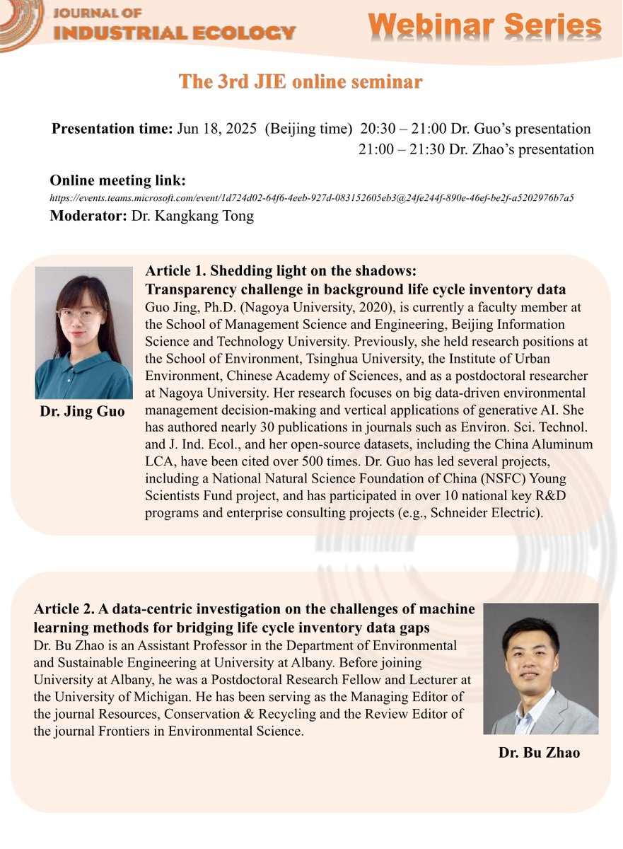 🌍 Join the next JIE Webinar – June 18, 20:30–21:30 (Beijing)!

Talks by Dr. Jing Guo &amp; Dr. Bu Zhao on transparency &amp; ML in life cycle inventory data.

🔗events.teams.microsoft.com/event/1d724d02…
