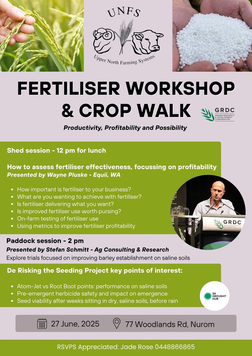 Upper North Farming Systems (@unfsnorth) on Twitter photo Next Friday: Join us at 12 pm sharp (with lunch provided) on 27 June at Nurom, to hear from independent fertiliser and soils consultant Wayne Pluske.
Later in the day, hear from local advisor Stefan Schmitt about barely establishment trials on saline soils.
<a href="/GRDCSouth/">GRDC South</a> Next Friday: Join us at 12 pm sharp (with lunch provided) on 27 June at Nurom, to hear from independent fertiliser and soils consultant Wayne Pluske.
Later in the day, hear from local advisor Stefan Schmitt about barely establishment trials on saline soils.
<a href="/GRDCSouth/">GRDC South</a>