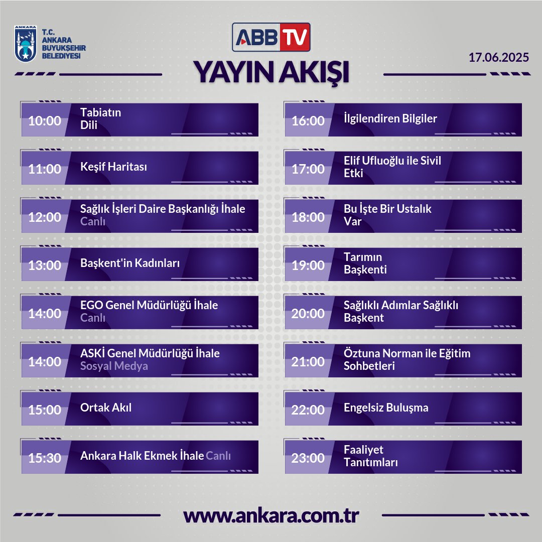 🎞️ 17 HAZİRAN 2025 ABB TV YAYIN AKIŞI

Haftalık Yayın Akışı İçin:
🔗 ankara.com.tr/yayin-akisi

İzlemek İçin:
🔗 ankara.com.tr