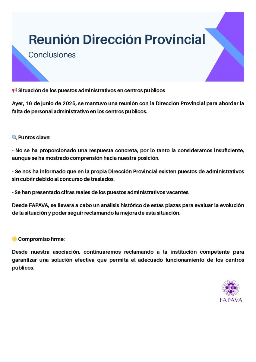 FAPAVA (@fapa_valladolid) on Twitter photo Aquí las conclusiones tras la reunión con la Dirección Provincial para tratar el tema de la falta de administrativos en los centros públicos. Aquí las conclusiones tras la reunión con la Dirección Provincial para tratar el tema de la falta de administrativos en los centros públicos.