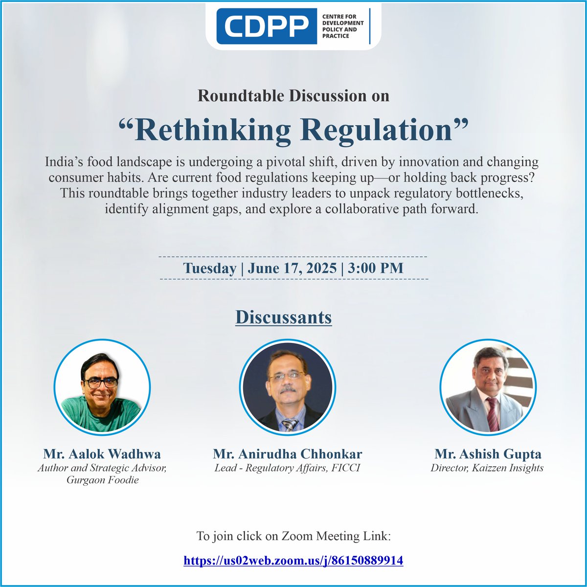 CDPP is pleased to host a special discussion on: Rethinking Regulations   
Date - June 17, 2025 | Time - 3:00 PM  
Meeting Link - lnkd.in/gJETauqN

#foodsystems #publicpolicy #Nutrition #foodregulation #foodsafety #CDPP #policytalks