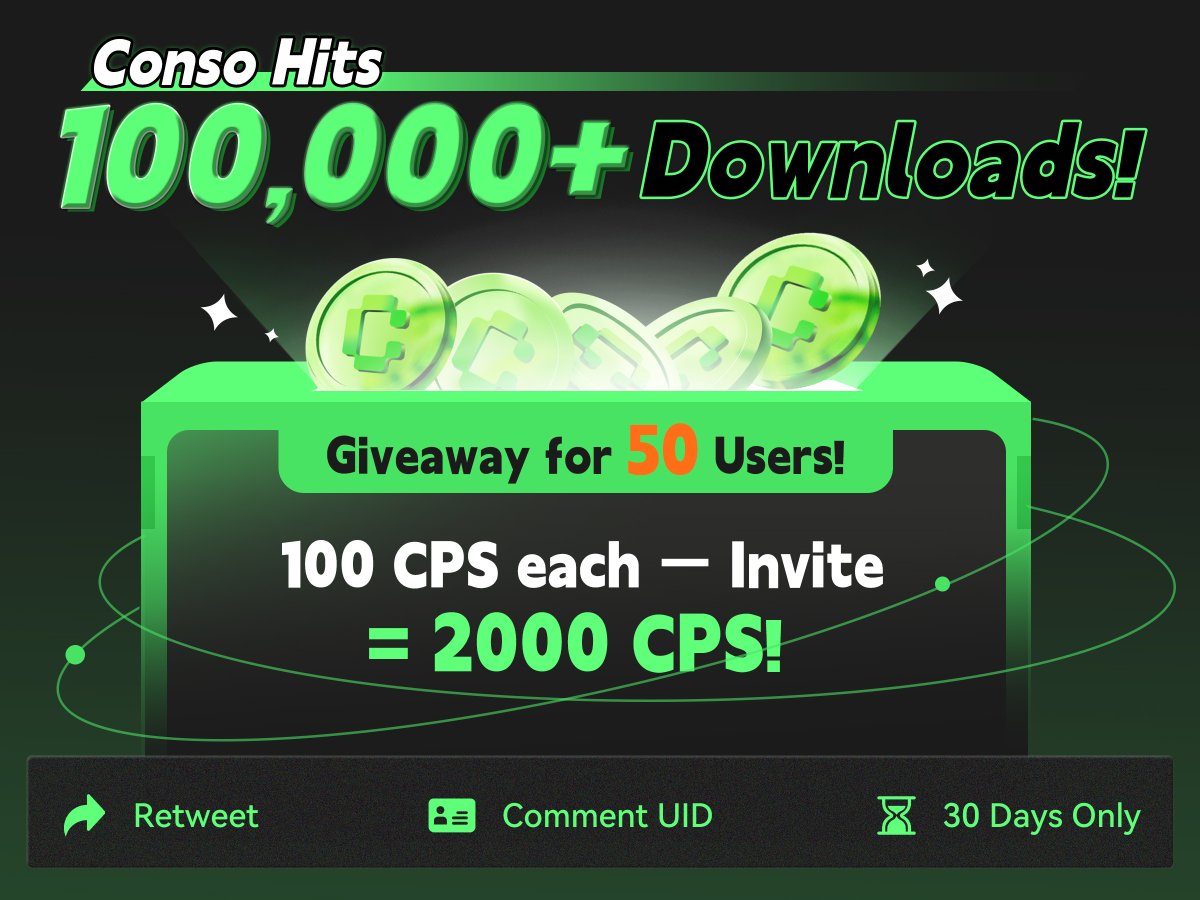 🚀 Conso Hits 100,000+ Downloads!

To celebrate this milestone, we’re giving back to our amazing community 🎉

Rewards:
50 winners get 100 CPS
Invite someone before the end? Get 20× = 2000 CPS!

How to Join:
1.Retweet this post
2.Comment your UID

Duration: 30 days only
#Conso