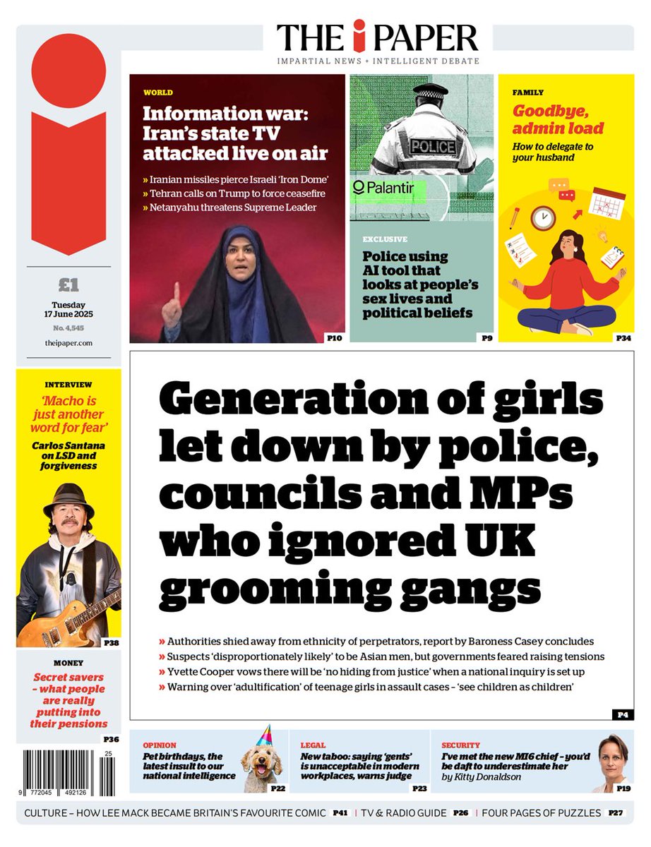Now finally we are getting closer to having the truth reported

All over the Papers as it should be - yet the media need to also take responsibility for not doing their jobs properly

As Casey Report shows, authorities purposely avoided admitting rape gangs ‘ethnicity’ &amp; British