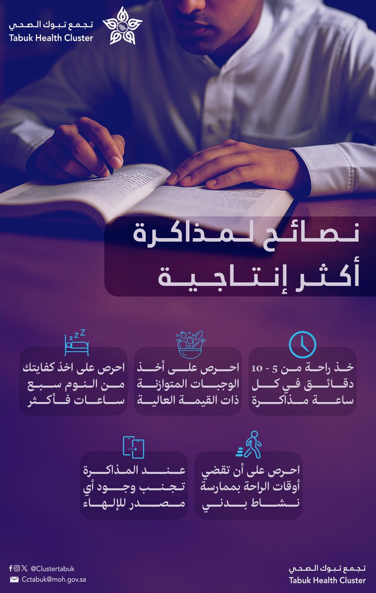 #توعيـة ||💡
نصائح لمذاكرة أكثـر إنتاجية ..

#تجمع_تبوك_الصحي