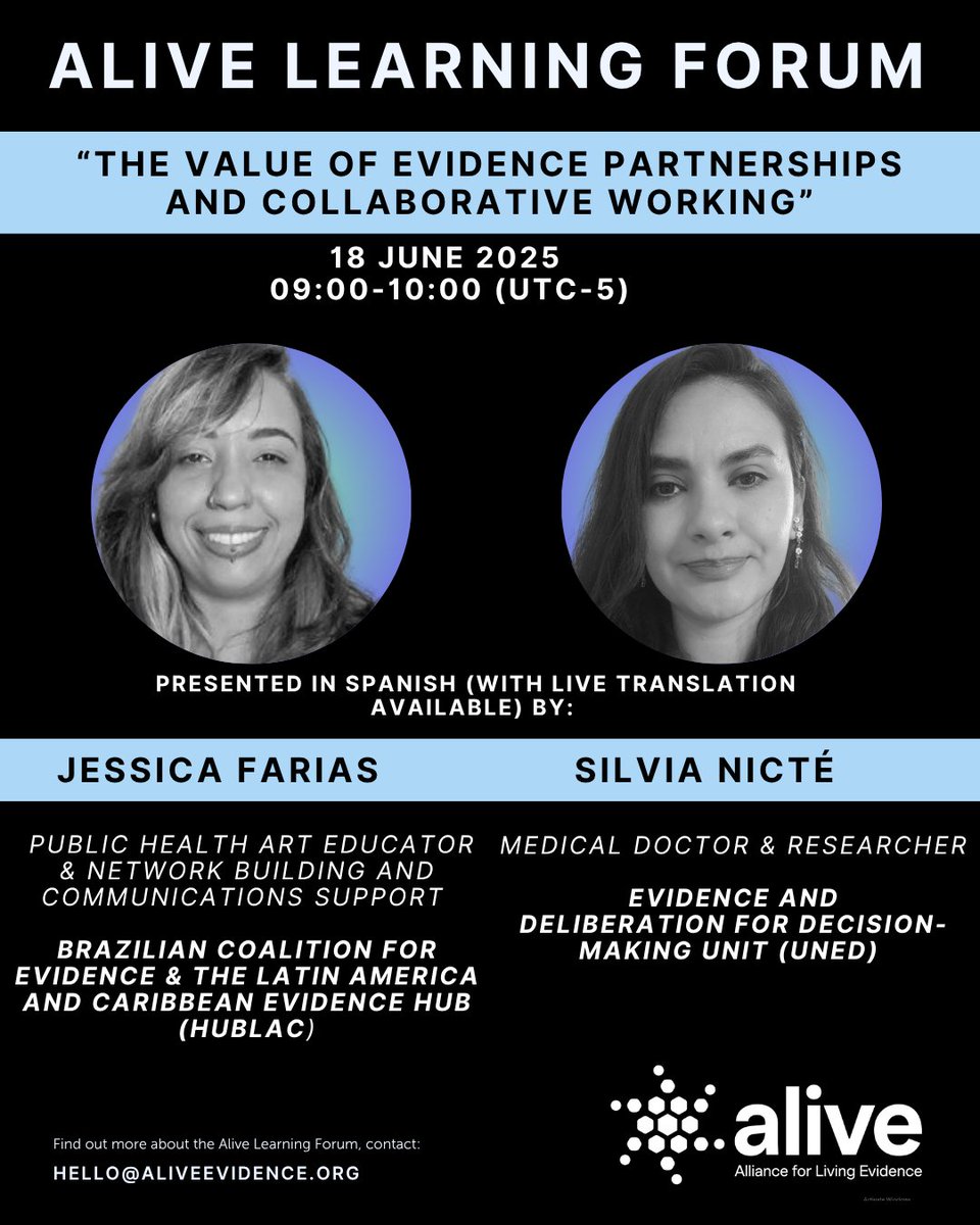 AliveEvidence's tweet image. Hola! Únete este miércoles (mañana) a las 9 AM UTC-5 a nuestro Learning Forum en una sesión en español sobre “El valor de las asociaciones de evidencia y el trabajo colaborativo”, presentado por 2 fuertes voces de Latinoamérica. Regístrese aquí: us02web.zoom.us/j/85359697302?…