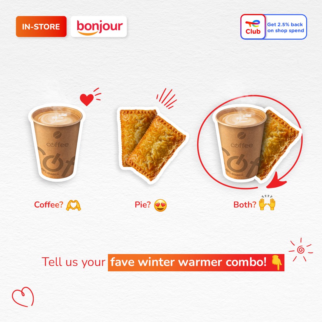 Crispy mornings? Rainy afternoons? A proper Mzansi winter calls for the real combo: a steaming Café Bonjour coffee and a delicious pie to warm you.🔥   

Pull into your nearest TotalEnergies service station and treat yourself, you’ve earned it. 😎 

So... which one’s your fave?