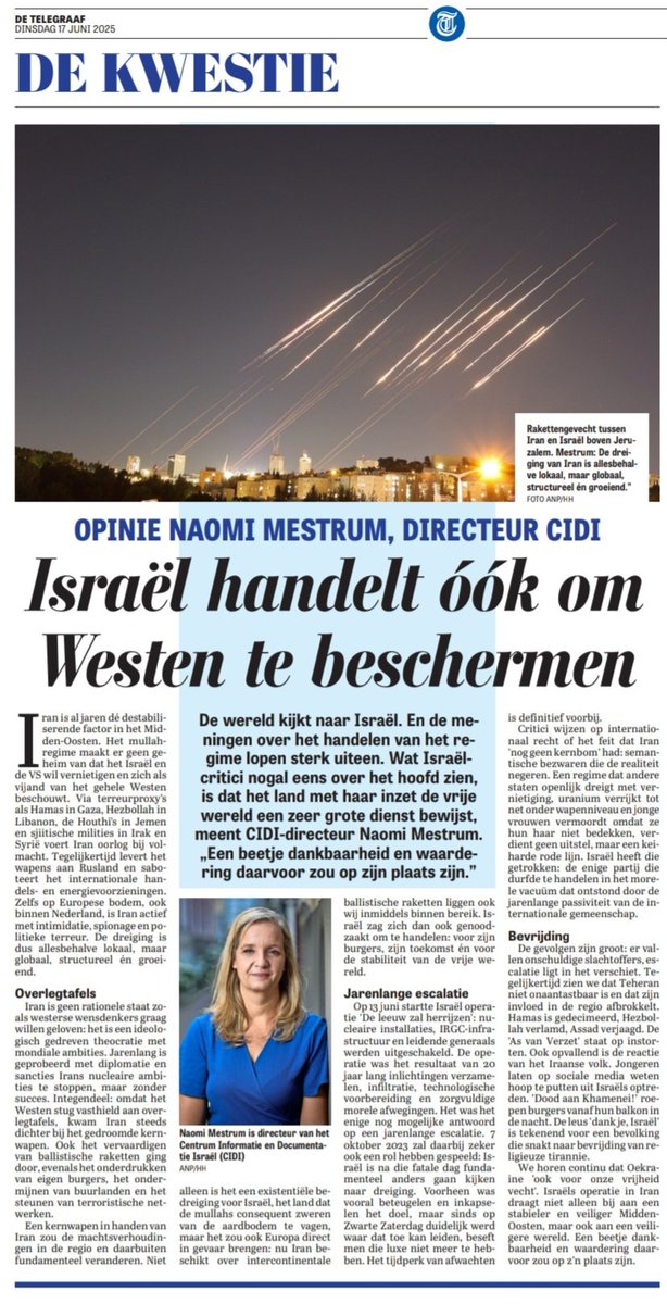 CIDI 🎗️ (@cidi_nieuws) on Twitter photo Vandaag een opiniestuk in <a href="/telegraaf/">De Telegraaf</a>: "Israel handelt óók om Westen te beschermen". Vandaag een opiniestuk in <a href="/telegraaf/">De Telegraaf</a>: "Israel handelt óók om Westen te beschermen".