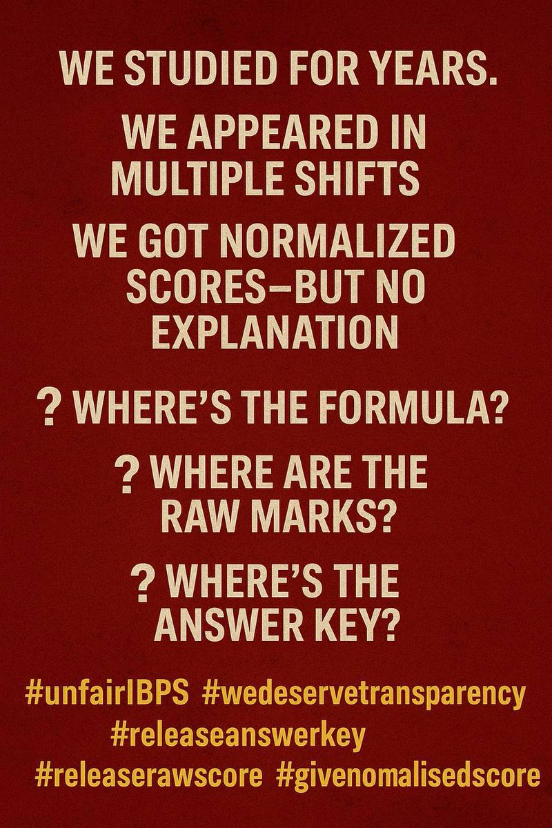 Sakshi21052001's tweet photo. #unfairIBPSNormalization is supposed to balance difficulty, not destroy genuine efforts.
#StopUnfairNormalization
#unfairIBPS
#releaseanswerkey
#releaserawscore #JusticeForAspirants https://t.co/rkiGjuBePM