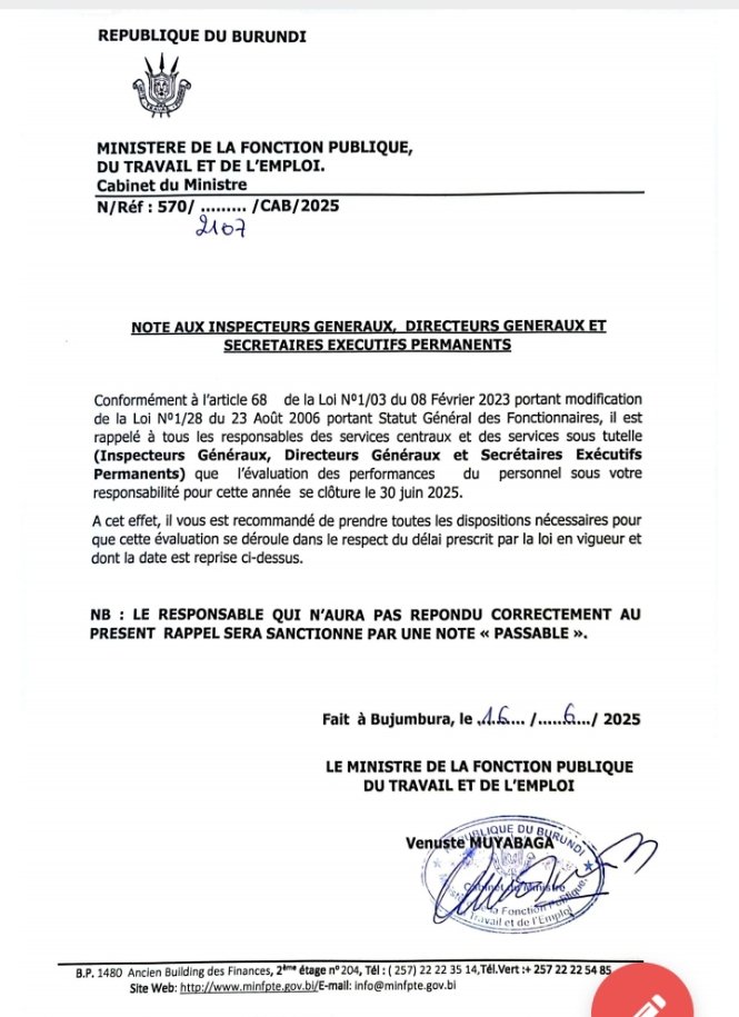 Ministère de la Fonction Publique Burundi (@mfpte_bdi) on Twitter photo #Burundi: Le <a href="/MFPTE_bdi/">Ministère de la Fonction Publique Burundi</a> informe tous les directeurs généraux, inspecteurs généraux et Secrétaires exécutifs permanents que l'évaluation des performances du personnel sous leurs responsabilités pour l'année 2024-2025 devraient être se clôturées le 30 juin 2025.
<a href="/NtareHouse/">Ntare Rushatsi House</a> #Burundi: Le <a href="/MFPTE_bdi/">Ministère de la Fonction Publique Burundi</a> informe tous les directeurs généraux, inspecteurs généraux et Secrétaires exécutifs permanents que l'évaluation des performances du personnel sous leurs responsabilités pour l'année 2024-2025 devraient être se clôturées le 30 juin 2025.
<a href="/NtareHouse/">Ntare Rushatsi House</a>