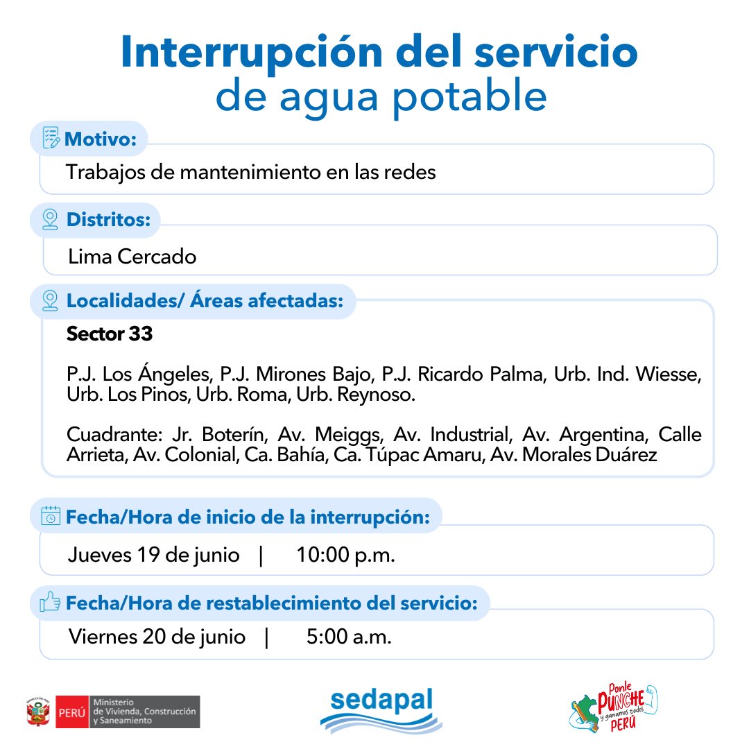 SedapalOficial's tweet photo. 📝 Atención vecinos de #LimaCercado, con el fin de mejorar la calidad del servicio, #Sedapal tiene trabajos programados para el 19 de junio por lo que se interrumpirá parcialmente el servicio de agua en algunos sectores. Más detalles aquí 👇#InterrupciónDelServicio https://t.co/y2CYsgH8JM