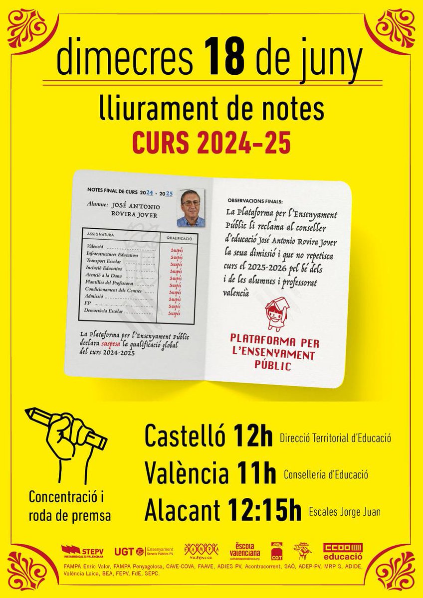 📢 Fem entrega del butlletí de notes al conseller d'Educació ❌

La Plataforma en Defensa de l'Ensenyament Públic, de la qual Escola Valenciana forma part, pretén lliurar a José Antonio Rovira el butlletí de notes davant la seua gestió d'aquest curs 👎