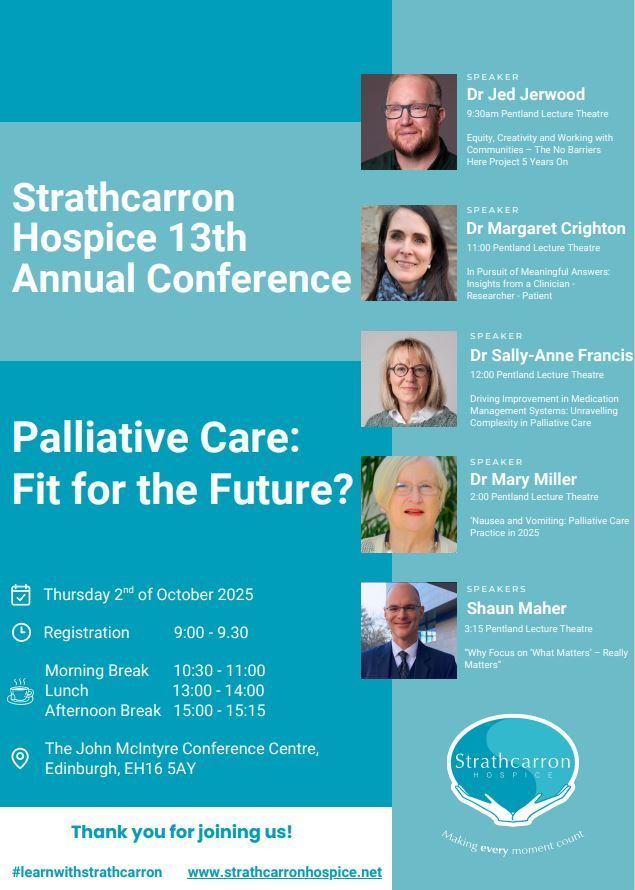 Strathcarron Hospice (@strathcarron1) on Twitter photo Join us for our 13th Annual Conference in Edinburgh 1&2 October “Palliative Care: Fit for the Future?" featuring renowned expert speakers across a range of palliative care and end of life topics.
Info and tickets bit.ly/3WVgIox
#PalliativeCare #EndOfLife #NHS #health Join us for our 13th Annual Conference in Edinburgh 1&2 October “Palliative Care: Fit for the Future?" featuring renowned expert speakers across a range of palliative care and end of life topics.
Info and tickets bit.ly/3WVgIox
#PalliativeCare #EndOfLife #NHS #health