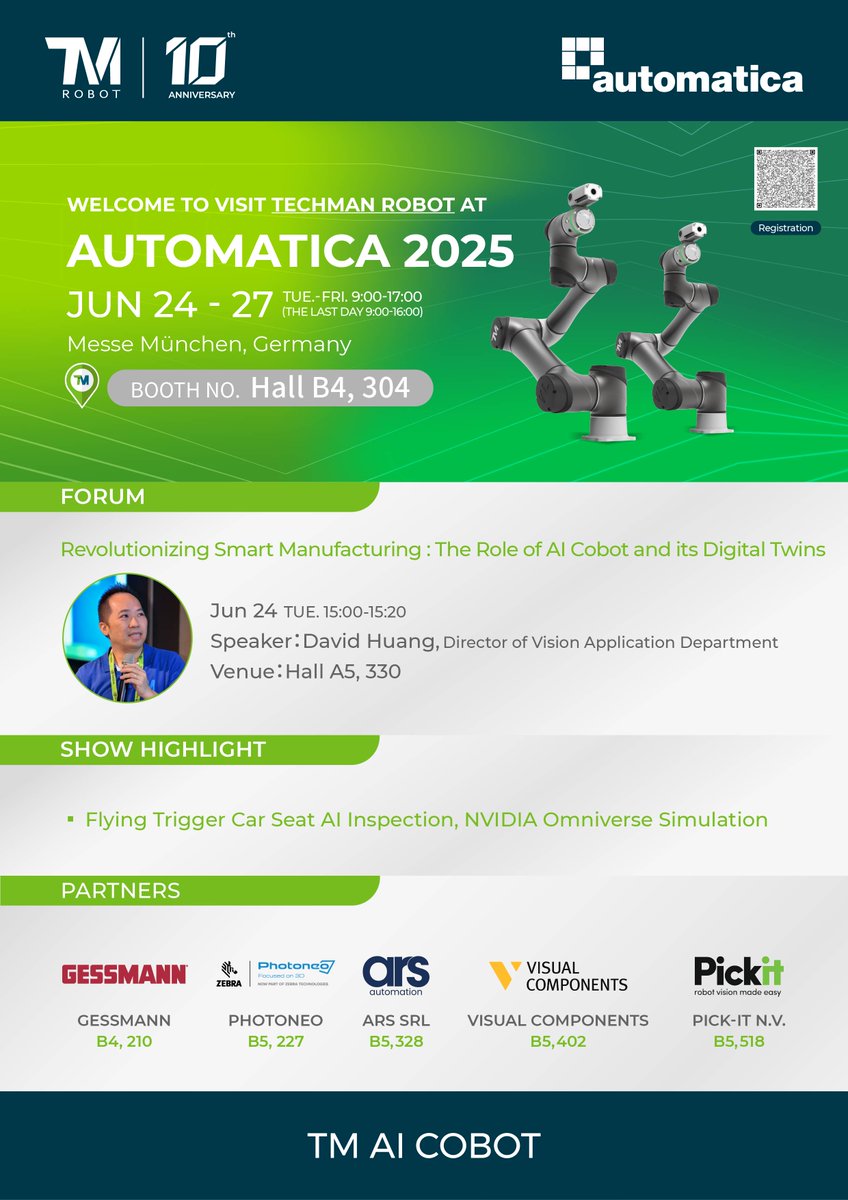 techmanrobot's tweet image. Countdown to #automatica2025 begins!
Experience how AI-powered inspection and Omniverse simulation are turning complex automation into clear, actionable workflows.
And don’t miss our talk on the future of intelligent automation 🎤
#TM #tmrobot #TMAICOBOT #TechmanRobot10Years