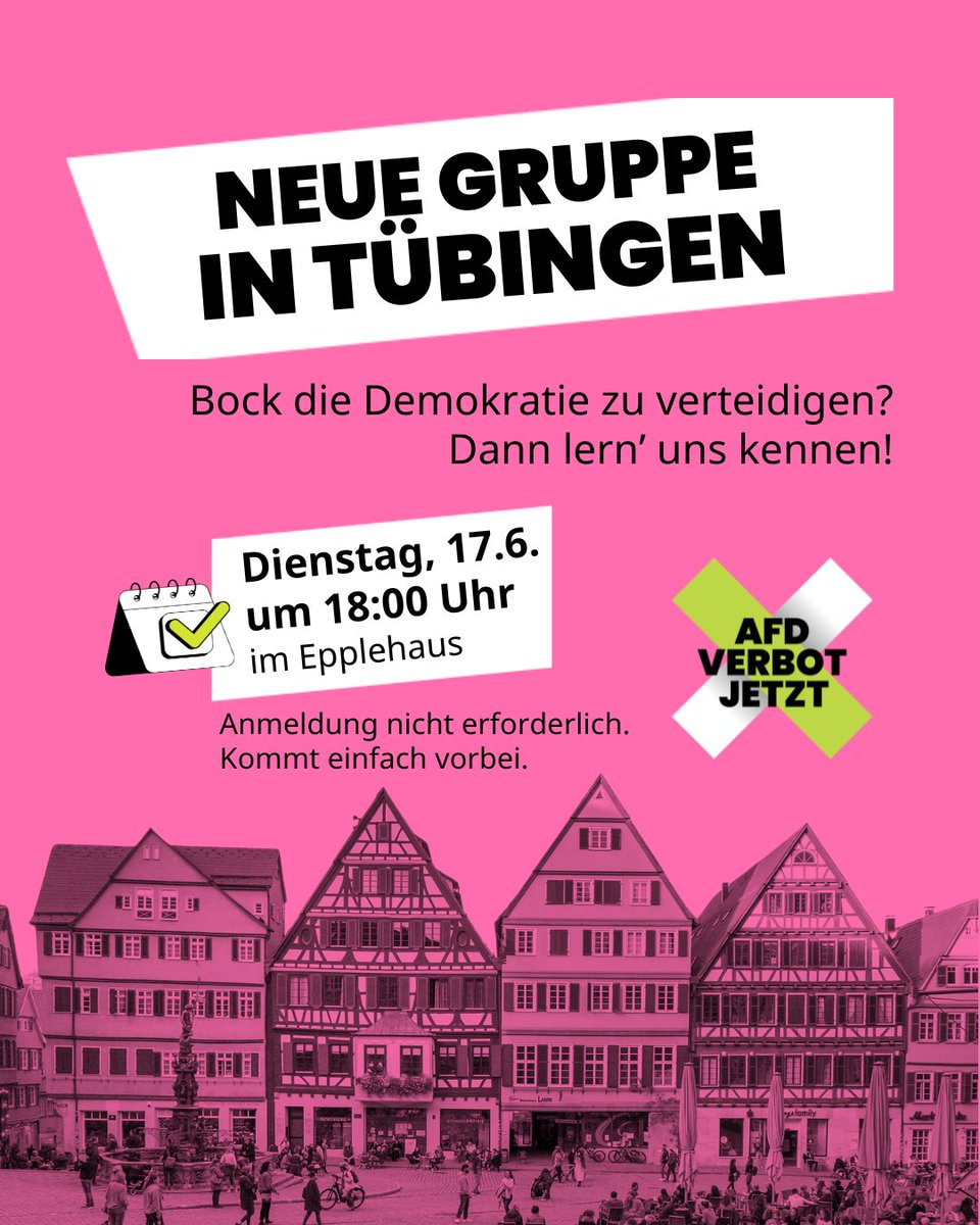 Antifaschist*innen aufgepasst: #Tübingen braucht euch!

Unsere neue Lokalgruppe sucht Mitglieder. *Heute* am Dienstag, den 17.6., könnt ihr uns beim Kick-off Treffen kennenlernen. Um 18 Uhr geht’s los im Epplehaus. Anmelden müsst ihr euch vorher nicht.