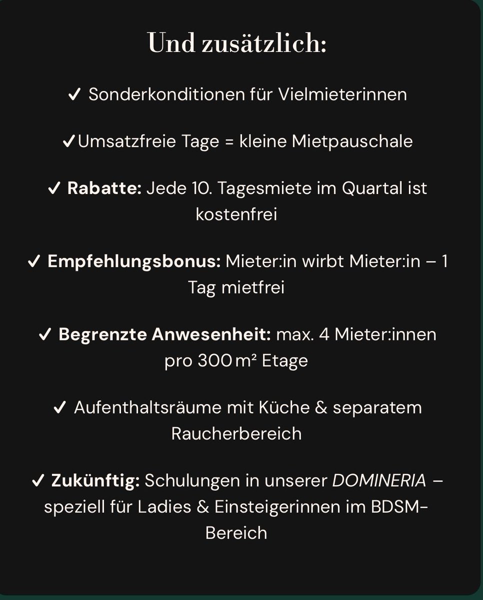 Du suchst stilvolle, funktionale Räume für deine Sessions und ein Ort um dich entfalten zu können?
Ob erfahren oder als Newcomerin auf dem Weg dorthin – bei uns findest du Platz für deine Leidenschaft.

Kontaktiere uns gern für weitere Infos – wir freuen uns auf dich 🖤

📩