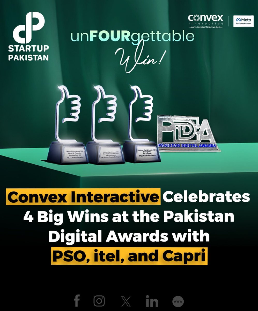 PakStartup's tweet photo. convex interactive made a powerful mark at the Pakistan Digital Awards, securing 4 major wins, including 2 awards for PSO, 1 for itel, and 1 for Capri. A proud moment for creative innovation.
#ConvexInteractive #PSO #Itel #Capri #Digital #WhatsappBusinessAPI #Tech https://t.co/VcOt3QMoZx