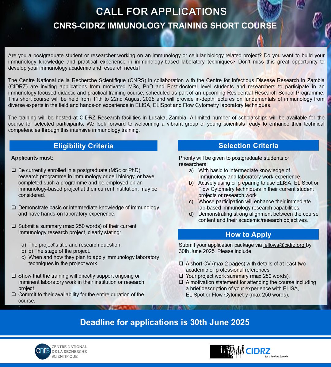 CIDRZ NGO (@cidrzinfo) on Twitter photo Are you a postgraduate student or researcher working in immunology or cellular biology? Don’t miss this exciting opportunity. Applications close on 30 June 2025.
Submit your CV, project summary, and motivation letter to fellows@cidrz.org Are you a postgraduate student or researcher working in immunology or cellular biology? Don’t miss this exciting opportunity. Applications close on 30 June 2025.
Submit your CV, project summary, and motivation letter to fellows@cidrz.org