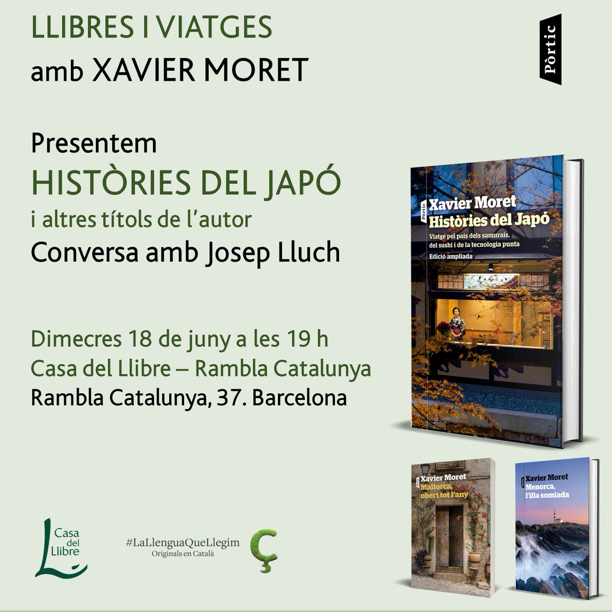 🗓🧳 Recordeu que demà, dimecres 18 de juny, teniu la presentació de 'Llibres i viatges' amb #XavierMoret, autor de l'obra 'Històries del Japó':

⏱️A les 19 h
📍A <a href="/casadellibro/">Casa del Libro</a>, #RamblaCatalunya, #BCN
🙌 Conversa amb Josep Lluch

➡ No hi falteu!
<a href="/Grup62/">Grup62</a> 
#LaLlenguaQueLlegim