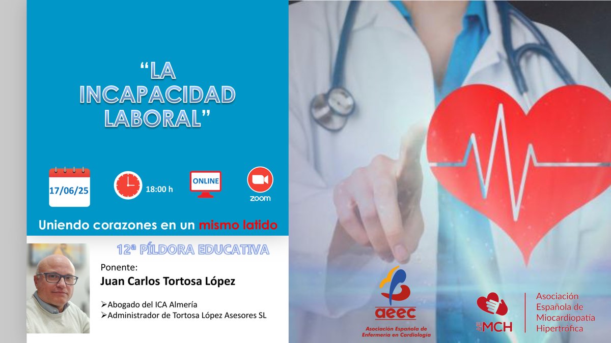 🔔 12ª Píldora Educativa | “La Incapacidad Laboral”
🗓️ HOY ⏰ 18:00h
📍 Online vía Zoom

🎤 Moderan: Susana Portela, Manuel Pena (paciente experto) y Teresa Guiberteau

LINK: …eriaencardiologia.us6.list-manage.com/track/click?u=…

#Cardiología #IncapacidadLaboral #Miocardiopatía #SaludLaboral