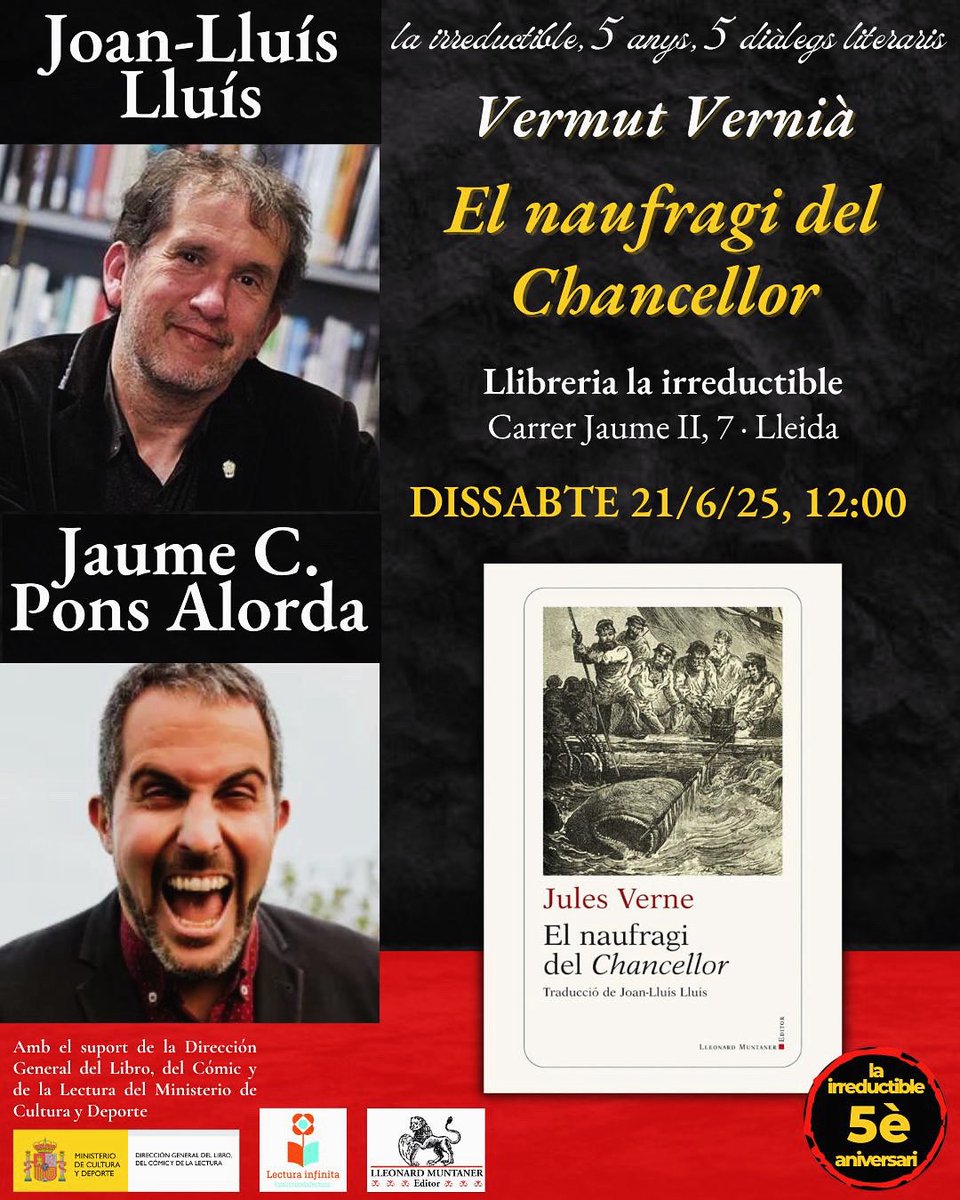 Jaume C. Pons Alorda (@jaumeponsalorda) on Twitter photo Dissabte 21 de juny del 2025, a partir de les 12h, celebrarem el 5è aniversari de la llibreria <a href="/lairreductible1/">la irreductible</a> de Lleida, i ho farem amb JULES VERNE, de qui <a href="/Joanlluislluis/">Joan-Lluís Lluís</a> ha traduït EL NAUFRAGI DEL CHANCELLOR per a Lleonard Muntaner, Editor. Moltes gràcies i molt bona setmana! Dissabte 21 de juny del 2025, a partir de les 12h, celebrarem el 5è aniversari de la llibreria <a href="/lairreductible1/">la irreductible</a> de Lleida, i ho farem amb JULES VERNE, de qui <a href="/Joanlluislluis/">Joan-Lluís Lluís</a> ha traduït EL NAUFRAGI DEL CHANCELLOR per a Lleonard Muntaner, Editor. Moltes gràcies i molt bona setmana!