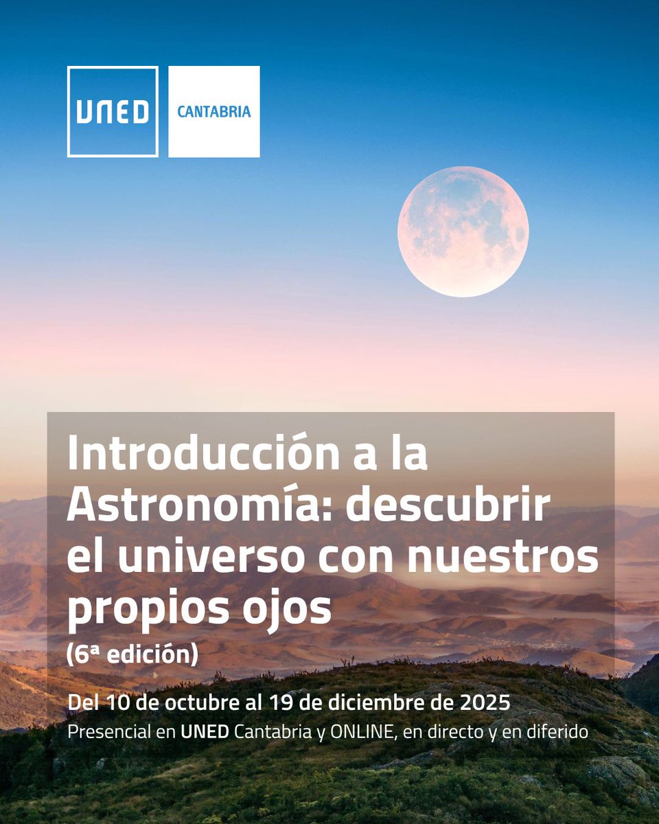 Uned Cantabria (@unedcantabria) on Twitter photo 🔊Neila Campos presenta la 6ª edición del curso "Introducción a la #Astronomía: descubrir el #universo con nuestros propios ojos", presencial en #UNEDCantabria y online, en directo y en diferido con <a href="/INTECCAUNED/">INTECCA - UNED</a>
ℹ️bit.ly/4n6Lfdy
<a href="/UNED/">UNED</a> <a href="/piquiliguardi/">Neila Campos</a> #galaxia #planeta 🔊Neila Campos presenta la 6ª edición del curso "Introducción a la #Astronomía: descubrir el #universo con nuestros propios ojos", presencial en #UNEDCantabria y online, en directo y en diferido con <a href="/INTECCAUNED/">INTECCA - UNED</a>
ℹ️bit.ly/4n6Lfdy
<a href="/UNED/">UNED</a> <a href="/piquiliguardi/">Neila Campos</a> #galaxia #planeta