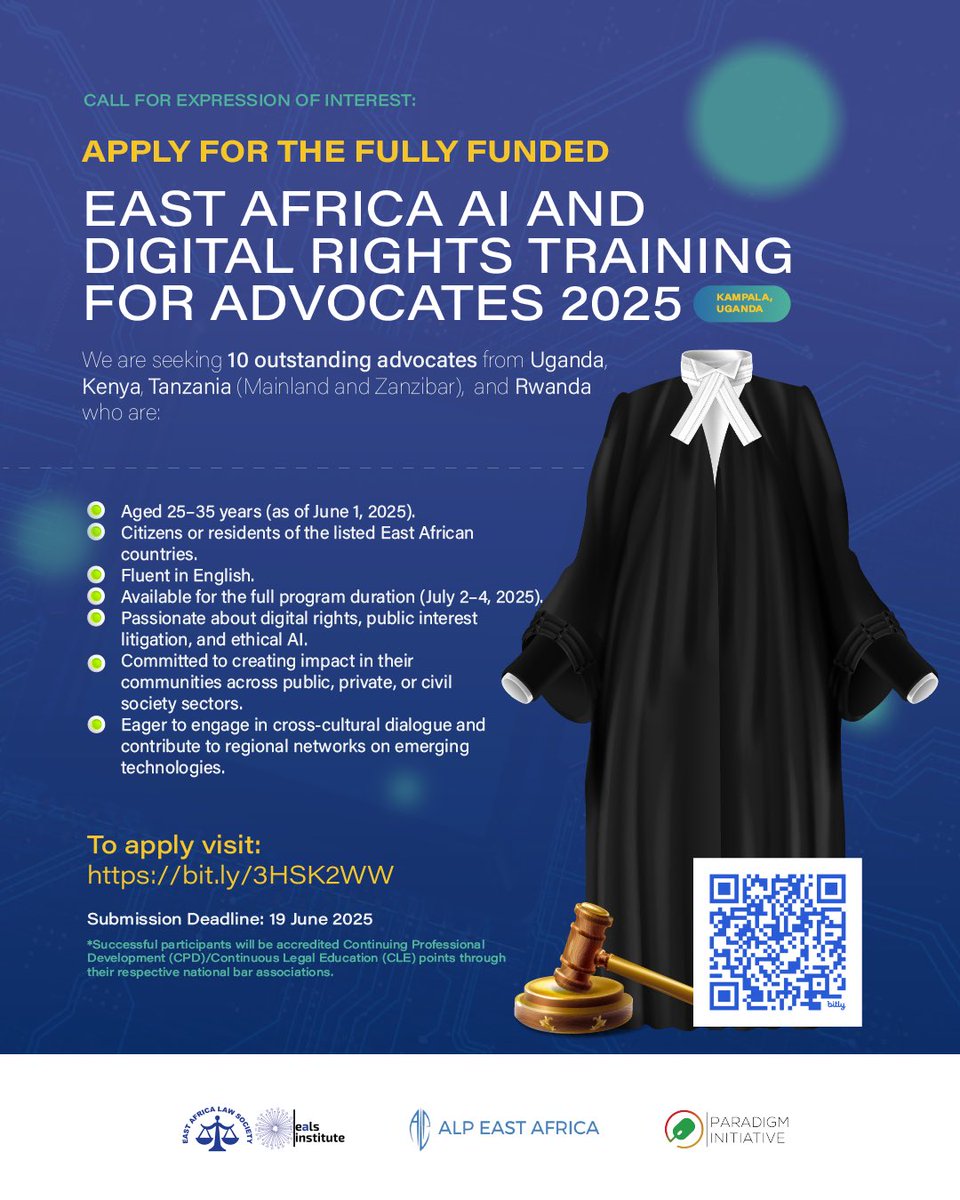 Calling East African advocates! Join a fully funded training by ALP, <a href="/ParadigmHQ/">Paradigm Initiative (PIN)</a> , and <a href="/ealawsociety/">East Africa Law Society(EALS)</a> on AI &amp; Digital Rights. 📚 Enhance your skills in public interest law. Apply now! forms.gle/mDk28o1jMf7WbN…