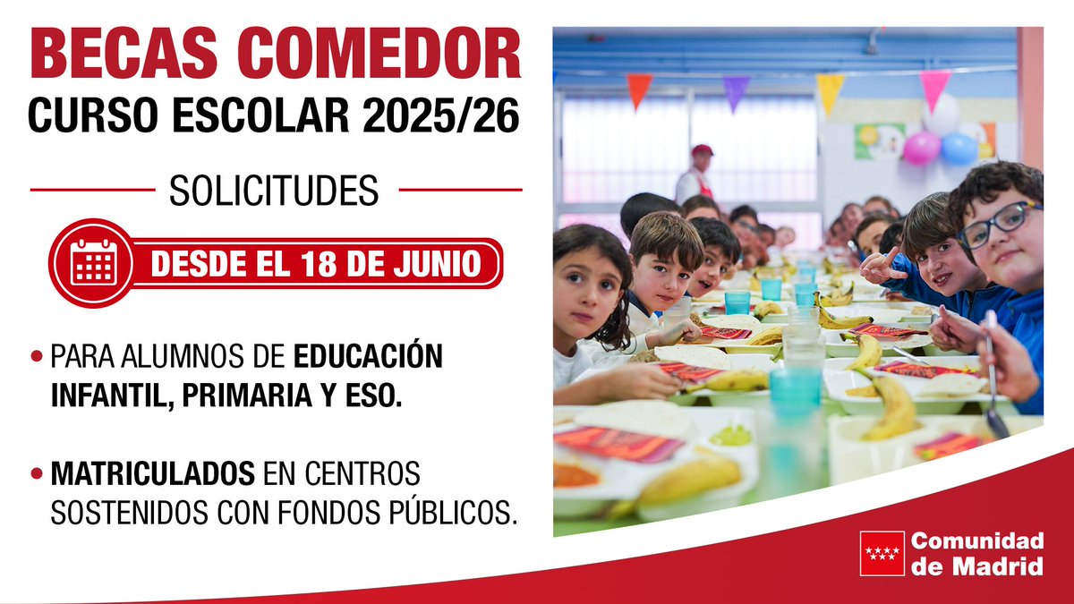 FAPA Giner Ríos (@fapa_giner_rios) on Twitter photo Apertura del plazo de solicitudes de becas de comedor curso 2025/2026.
🔜Desde el miércoles 18 junio hasta el 15 de julio.
x.com/ComunidadMadri…
#LaFAPAinforma
<a href="/ComunidadMadrid/">Comunidad de Madrid</a>
<a href="/educacmadrid/">Educación▪️Comunidad de Madrid</a> Apertura del plazo de solicitudes de becas de comedor curso 2025/2026.
🔜Desde el miércoles 18 junio hasta el 15 de julio.
x.com/ComunidadMadri…
#LaFAPAinforma
<a href="/ComunidadMadrid/">Comunidad de Madrid</a>
<a href="/educacmadrid/">Educación▪️Comunidad de Madrid</a>