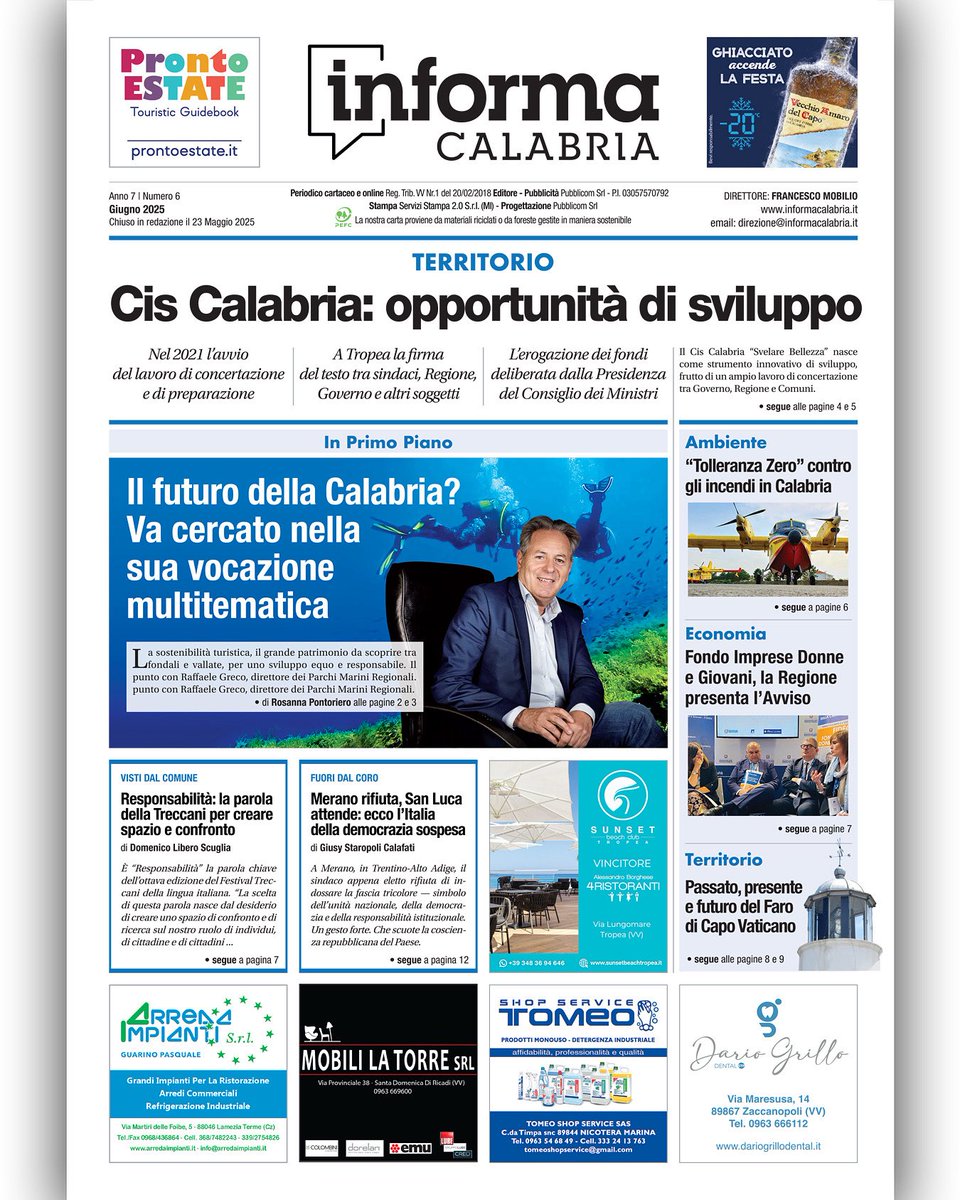 📰 La copertina di Giugno del mensile di approfondimento cartaceo “Informa Calabria”.

👉 10.000 copie in distribuzione porta a porta e attività commerciali in provincia di Vibo Valentia. Il giornale è aggiornato quotidianamente su InformaCalabria .it

#Calabria #Notizie #Informa