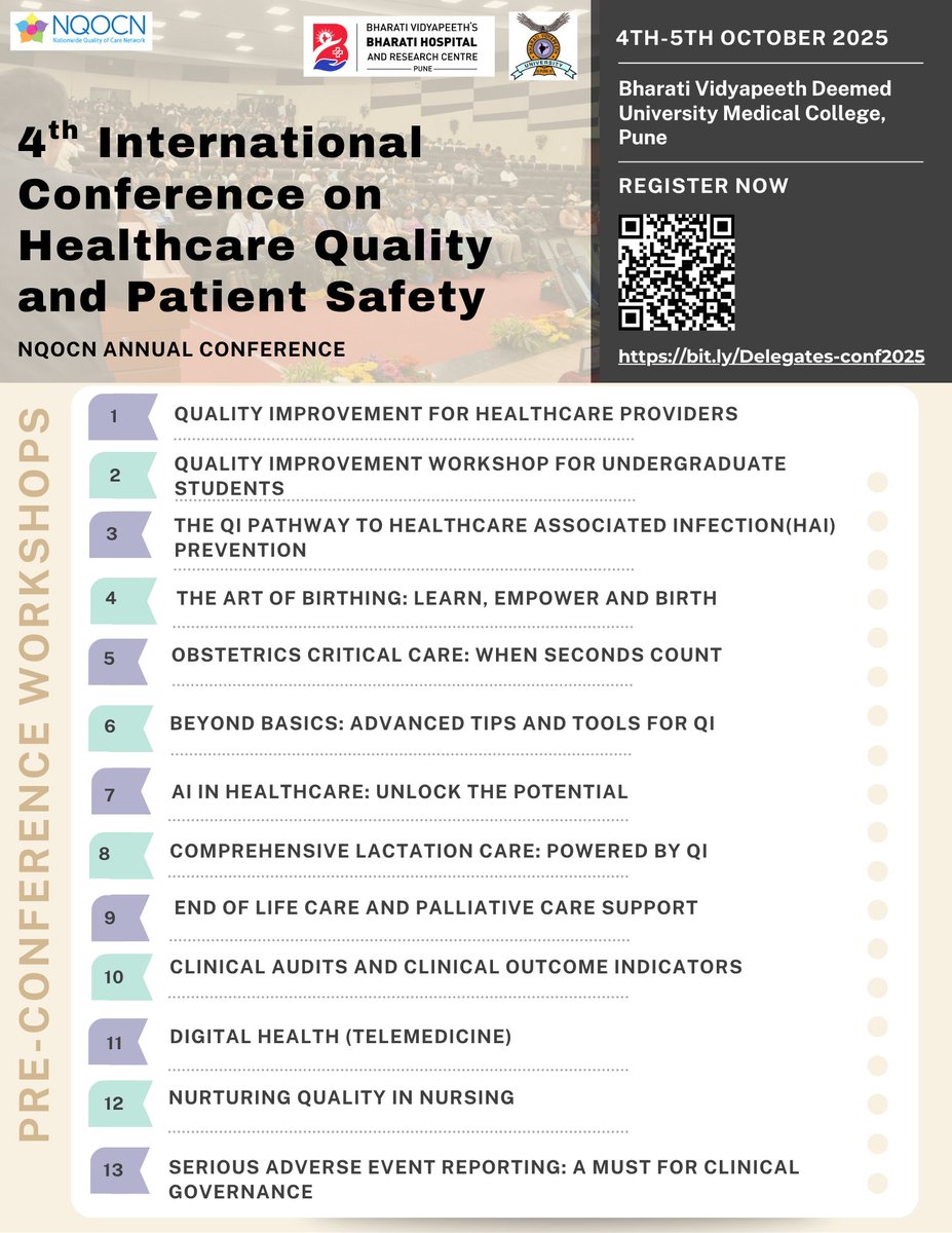 nqocnindia's tweet photo. Learn from leading experts—choose one Pre-Conference Workshop that aligns with your goals and interests at the 4th International Conference on Healthcare Quality &amp; Patient Safety
📍 Pune | 🗓 Oct 4–5, 2025
🔗 https://t.co/UoYKo8TWOe
@nqocnindia @bharati_vp https://t.co/cZv0QegxL0
