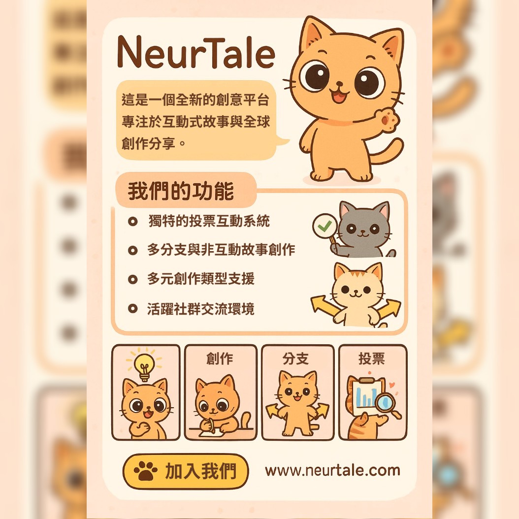 NeurTaleTW's tweet photo. 🌟 NeurTale:全新互動故事平台!🌟
想寫故事,讓讀者決定結局?分享創意,NeurTale 幫助你!
✅ 投票系統,共創體驗
✅ 多分支/線性故事
✅ 支援插畫、漫畫等藝術
✅ 活躍社群,一同成長
立即探索:https://t.co/gD4sUrl1Q0
#NeurTale #互動故事 #創作平台 #台灣創作 https://t.co/ugicsmsrYx