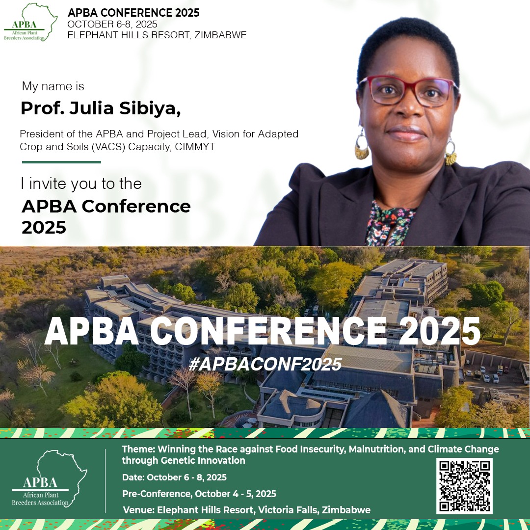 Prof. Julia Sibiya, President of the African Plant Breeders Association (APBA), warmly invites you to be part of this year’s conference. 
Venue:  Elephant Hills Resort, Victoria Falls, Zimbabwe
 For details and registration, visit our website: africanplantbreeders.org