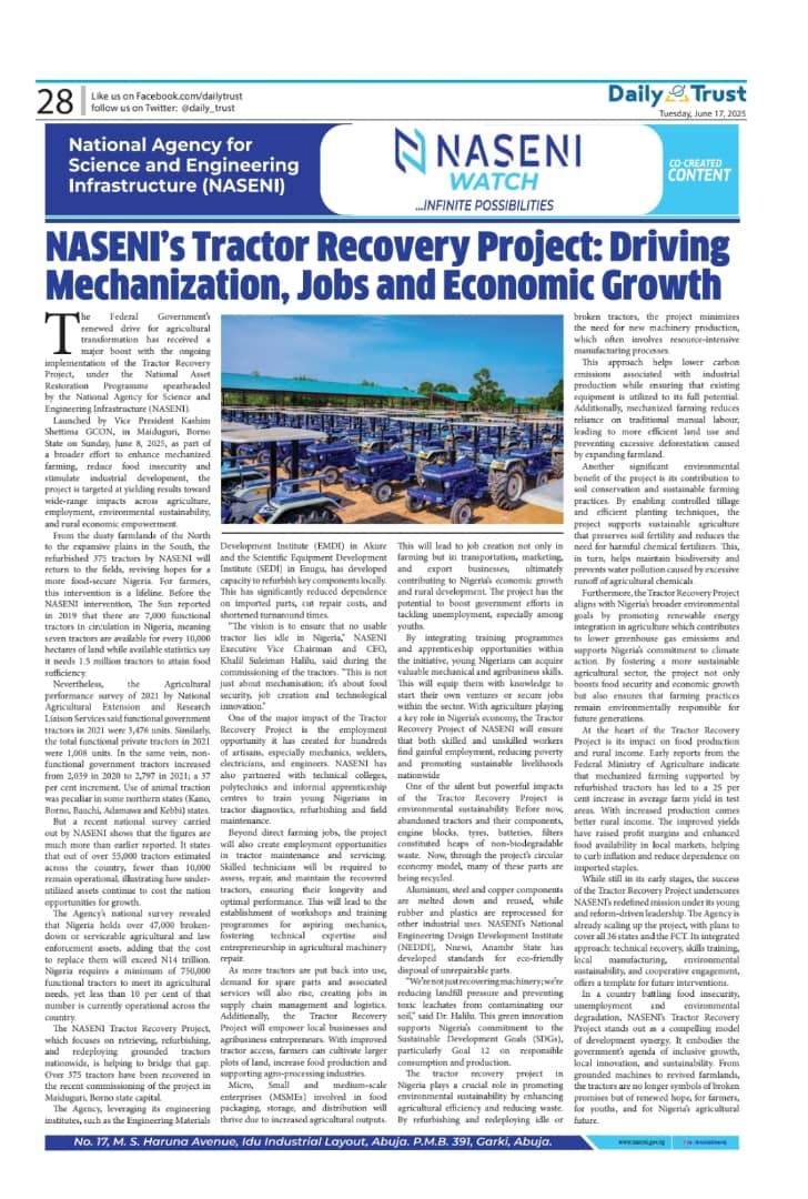 NASENI'S Tractor Recovery Project: Driving Mechanization, Jobs and Economic Growth.

Please read the full article here:
dailytrust.com/nasenis-tracto…