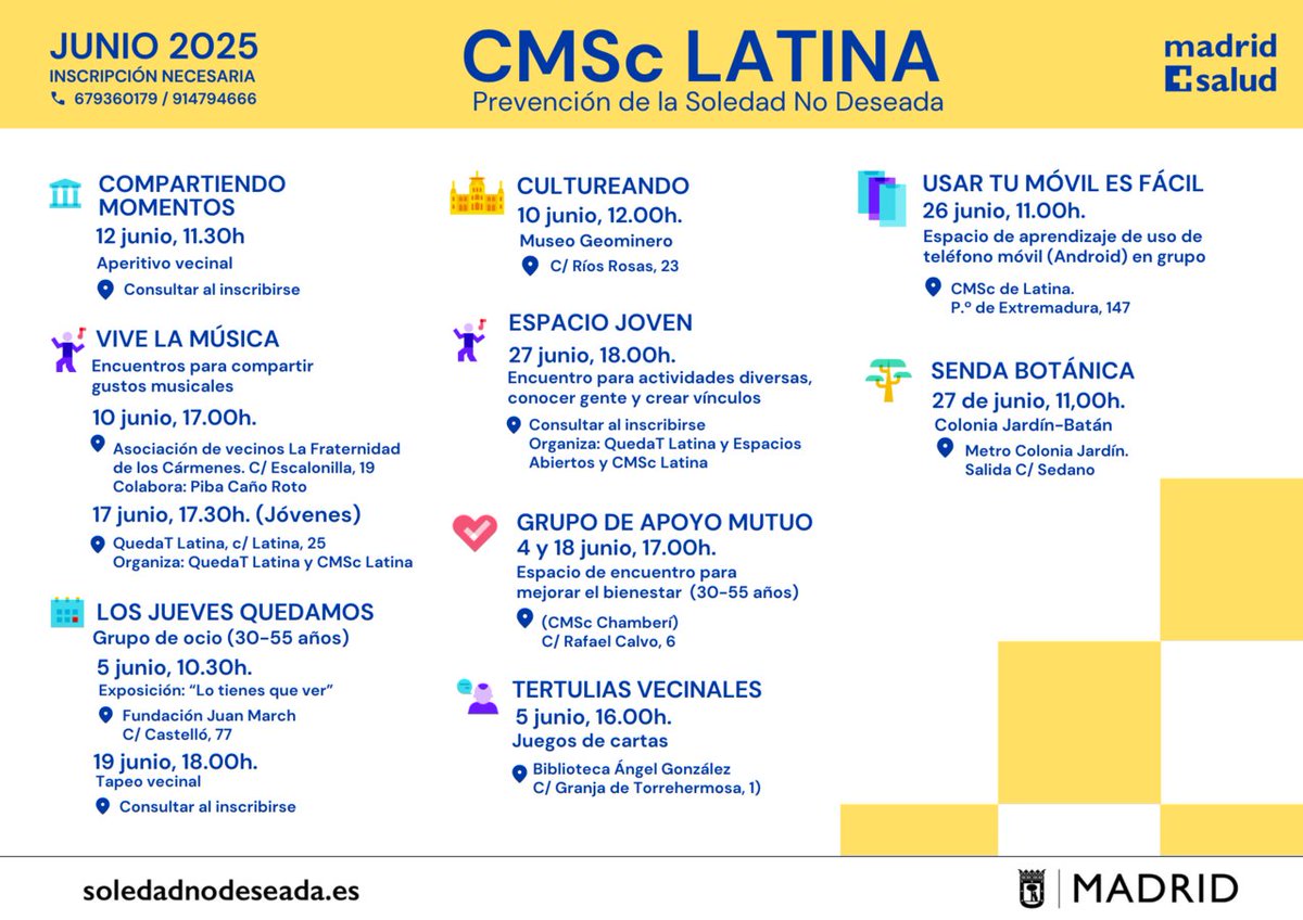 Distrito Latina (@jmdlatina) on Twitter photo 📌Conoce las actividades disponibles que pueden ayudarte a paliar la soledad no deseada desde el #CSC en Latina, en Pº de Extremadura, 147, durante este mes
Con <a href="/madridsalud/">Madrid Salud. Ayuntamiento de Madrid</a>
🖌 Cultureando...
🍏 Sendas botánicas...
Inscripción previa👇
▶soledadnodeseada.es 📌Conoce las actividades disponibles que pueden ayudarte a paliar la soledad no deseada desde el #CSC en Latina, en Pº de Extremadura, 147, durante este mes
Con <a href="/madridsalud/">Madrid Salud. Ayuntamiento de Madrid</a>
🖌 Cultureando...
🍏 Sendas botánicas...
Inscripción previa👇
▶soledadnodeseada.es