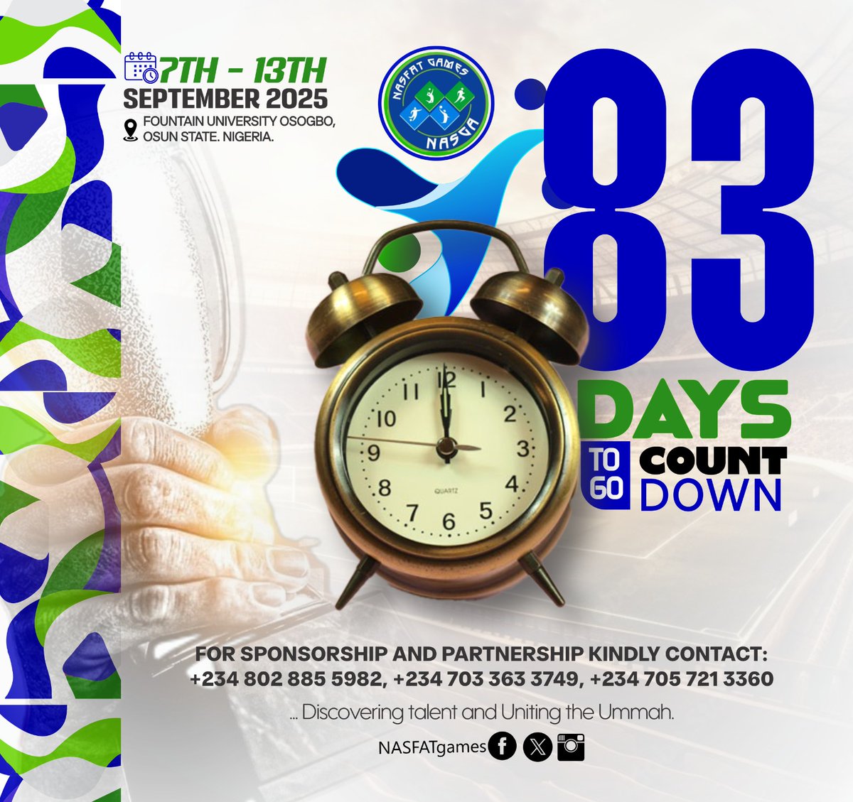 ⏰ The Countdown Begins – NASGA 4.0

In just 83 days, the vibrant city of Osogbo will pulse with the spirit of unity, energy, and athleticism as NASGA 4.0 takes over Fountain University from September 7th–13th, 2025 !