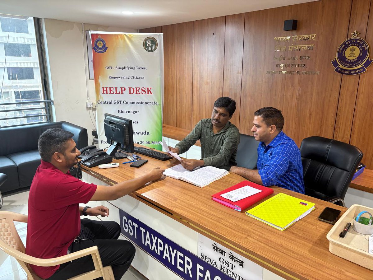 CGST Bhavnagar (@cgstbhavnagar) on Twitter photo A GST help desk has been set up to coincide with the commencement of GST Pakhwada, from June 16 to July 1, 2025, at the CGST HQ in the Bhavnagar Commissionerate for HQ, Division-Bhavnagar-1/2/3. <a href="/cbic_india/">CBIC</a> <a href="/cgstahmedzone/">CGST Ahmedabad Zone</a> <a href="/FinMinIndia/">Ministry of Finance</a> <a href="/PMOIndia/">PMO India</a> A GST help desk has been set up to coincide with the commencement of GST Pakhwada, from June 16 to July 1, 2025, at the CGST HQ in the Bhavnagar Commissionerate for HQ, Division-Bhavnagar-1/2/3. <a href="/cbic_india/">CBIC</a> <a href="/cgstahmedzone/">CGST Ahmedabad Zone</a> <a href="/FinMinIndia/">Ministry of Finance</a> <a href="/PMOIndia/">PMO India</a>
