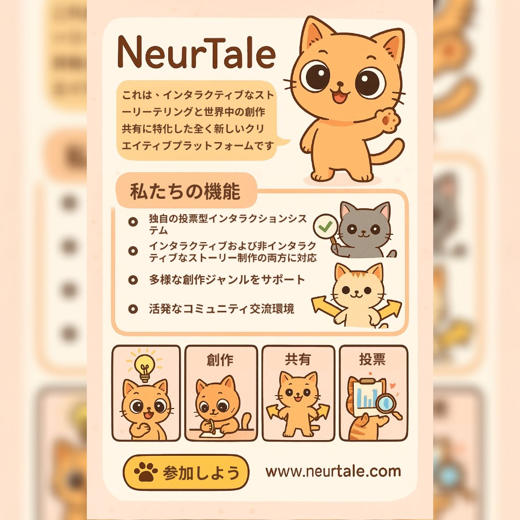 NeurTaleJP's tweet photo. NeurTale:新しいインタラクティブ物語プラットフォーム!
あなたが書き、読者が選ぶ。あなたの作品を共有。
🐾投票システム
🐾ブランチ物語
🐾全ての創作タイプ対応
🐾活発なコミュニティ
参加しよう:https://t.co/6DGz63z9oC
#NeurTale #インタラクティブストーリー #ストーリーテリング https://t.co/HsZLqFqxD2