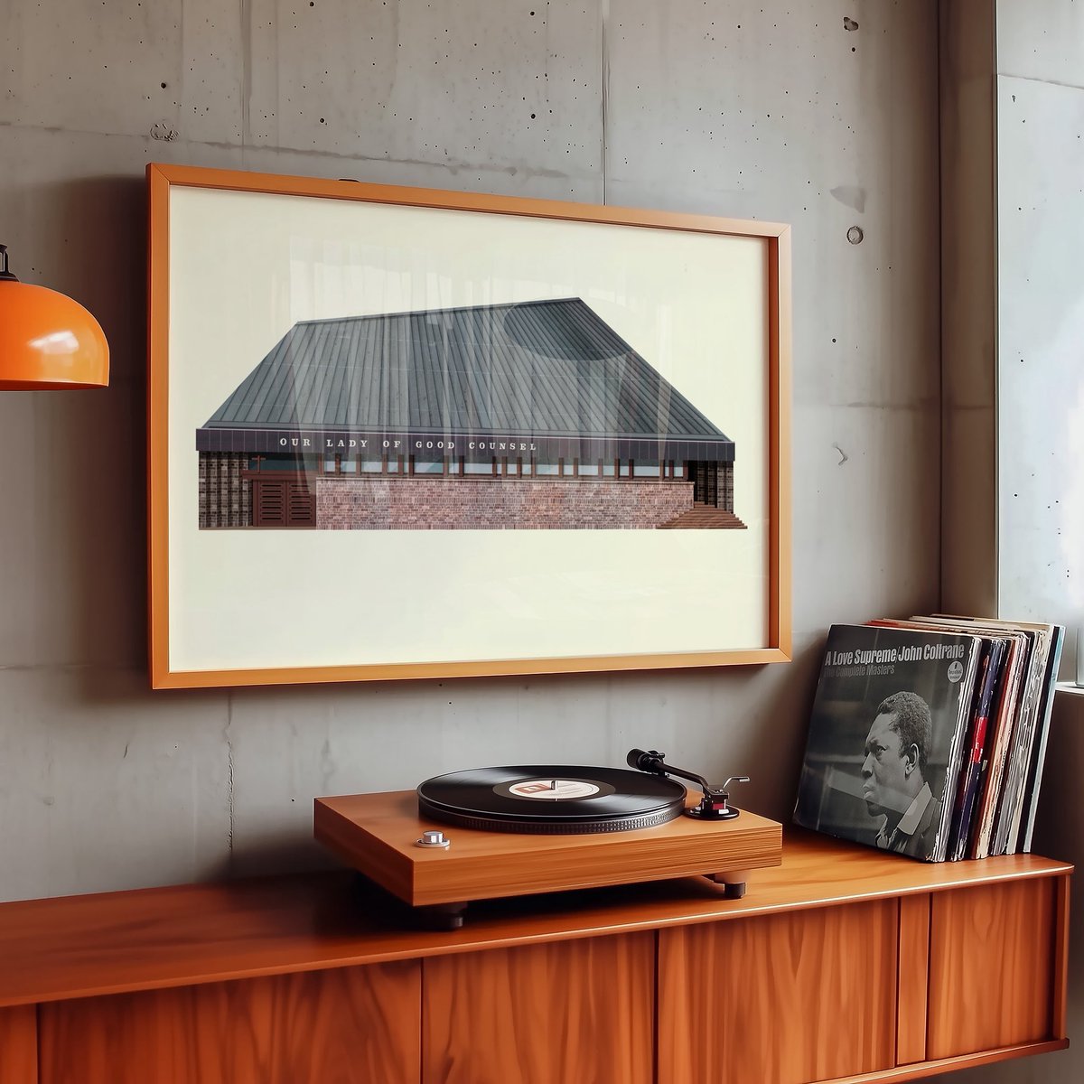 Dennistoun! 

My ‘Our Lady of Good Counsel’ church print is available online. Designed by Gillespie Kidd &amp; Coia it’s a modernist gem with that show off roof 😮‍💨

(Interior image is mock up)

#Glasgow #brutalism #modernism #gillespiekiddcoia #brutalglasgow #nebopeklo