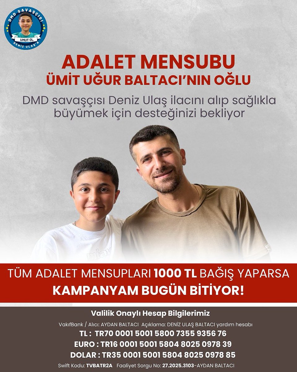 Adalet mensubu Ümit Uğur Baltacı’nın oğlu, DMD savaşçısı Deniz Ulaş, yaşam mücadelesinde sizlerin desteğini bekliyor.
Adalet Bakanlığı ailesinin her bir Ferdi 1000 TL ile destek olursa, kampanyamız bugün tamamlanıyor!
<a href="/adalet_bakanlik/">T.C. Adalet Bakanlığı</a> <a href="/gaziantepadliye/">Gaziantep Adliyesi</a> <a href="/barolar/">Türkiye Barolar Birliği</a> <a href="/hukukcularder/">Hukukçular Derneği</a>