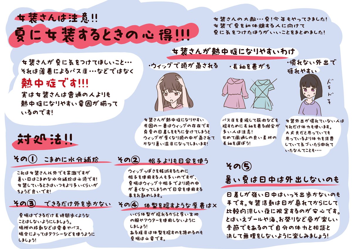 【女装さん注意！】
もうすぐ夏の季節がやってきます！
楽しいイベントが盛り沢山な反面、女装さんにはかなり厳しい季節になります……
特に注意してほしいことが熱中症です！
みなさんほんとに気をつけて下さいね…(ᵕ •̥ · •̥ ᵕ)
#拡散希望RPご協力お願い致します