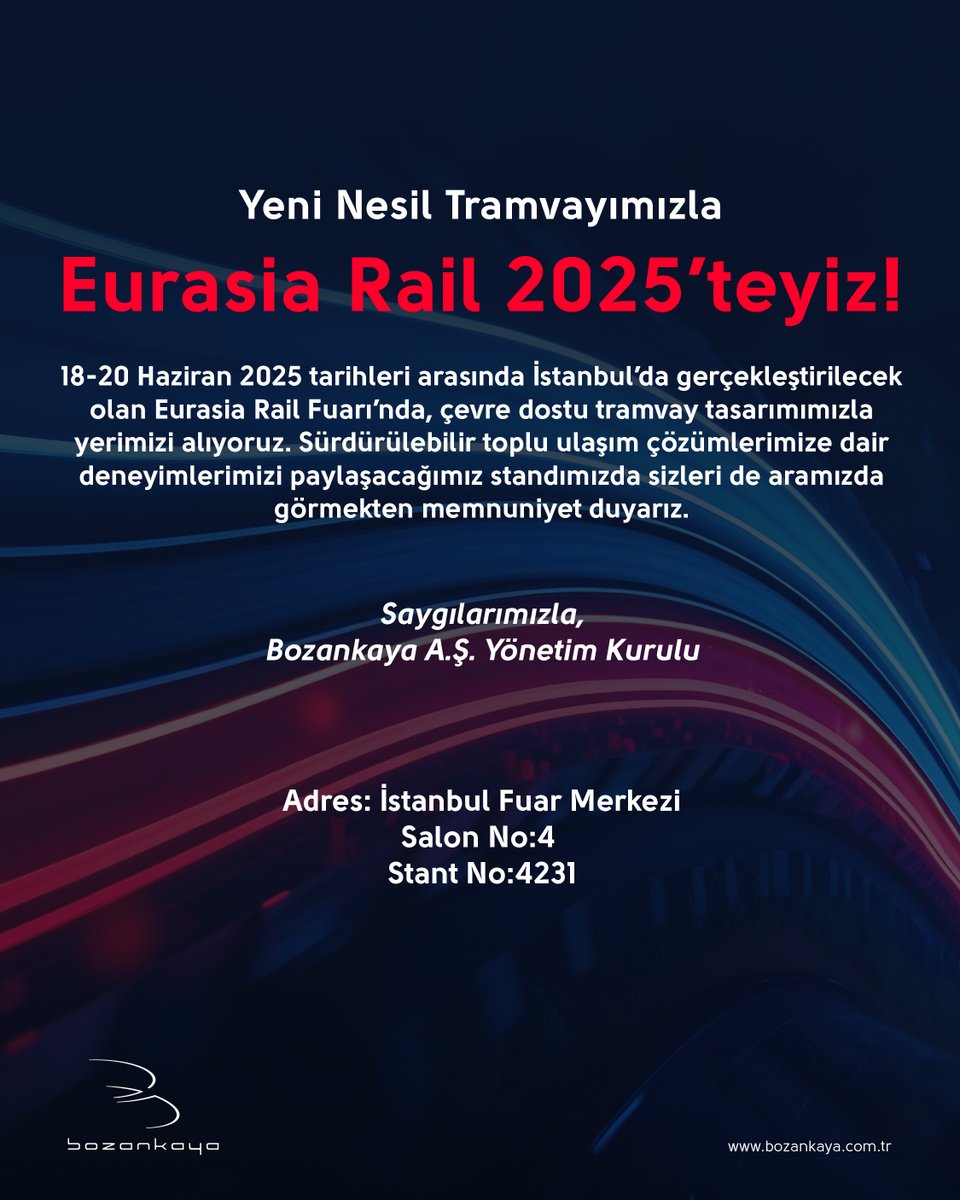 Sürdürülebilir ulaşım vizyonumuzu Eurasia Rail 2025’e taşıyoruz!

Yeni nesil tramvay tasarımımızla yer alacağımız Eurasia Rail Fuarı’nda, şehir içi ulaşım teknolojilerimizi keşfetmeye davetlisiniz!

18-20 Haziran 2025 tarihleri arasında İstanbul Fuar Merkezi’nde buluşalım!
