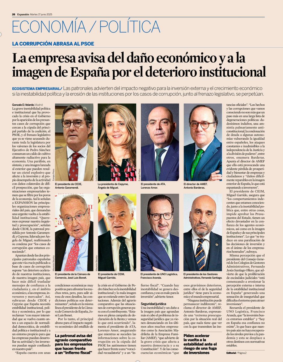 🗞#REACCIONES | Comparto este artículo de <a href="/expansioncom/">expansioncom</a>, en el que se recogen las opiniones de distintos dirigentes empresariales sobre el impacto negativo de la inestabilidad política para la inversión externa y el crecimiento económico.

🎙🗣La #inversión busca entornos